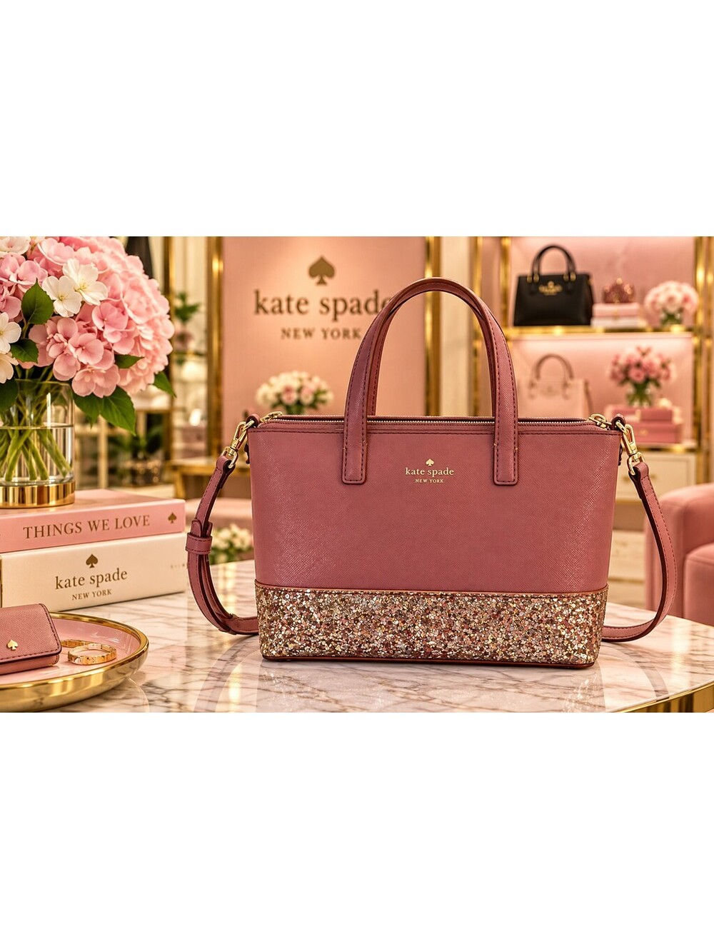 Kate Spade | OS | Dusty Pink Saffiano Mini Tote Rose Gold Glitter
